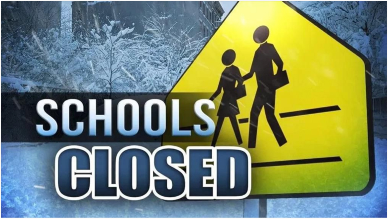202404-schools-closed Graphic announcing ‘Schools Closed’ featuring a bright yellow school crossing sign with silhouettes of an adult and child walking, set against a snowy winter background.