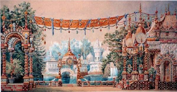 Detailed painted theater backdrop or scenic design featuring ornate palace architecture, decorative arches, bridges, domes, and colorful Russian-inspired fantasy buildings surrounding a serene waterway.