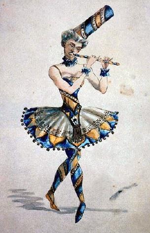 Costume design illustration of a ballet dancer playing a flute while standing en pointe, wearing an elaborate blue, gold, and silver tutu with striped tights and a tall decorative headpiece.