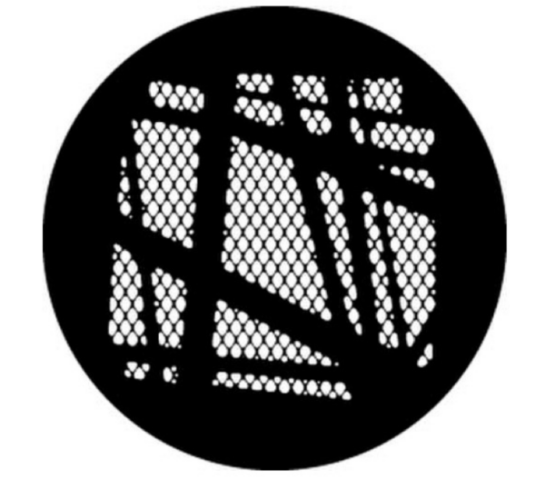 202503-Screen-Shot-2025-03-06-at-11.48.29-AM-600x528 Circular black-and-white lighting gobo pattern featuring abstract geometric lines and mesh-like texture, designed to project scenic shadow effects in theatrical lighting.