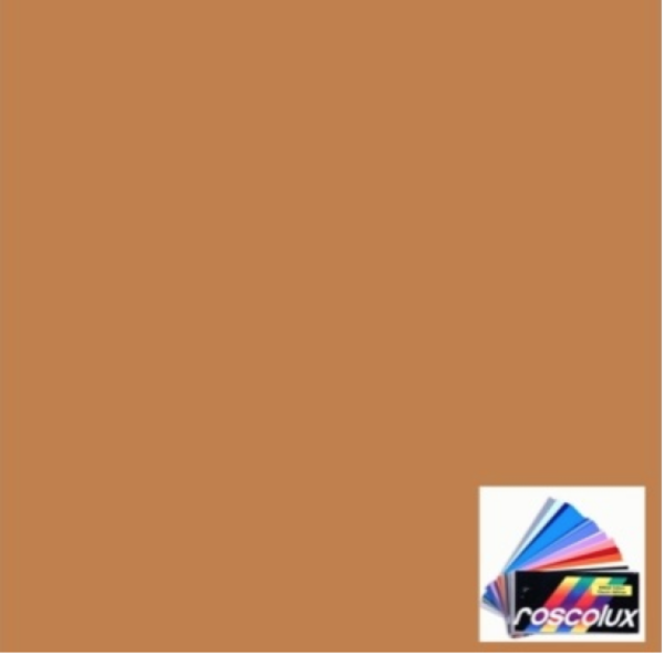 202503-Screen-Shot-2025-03-06-at-11.48.52-AM-600x593 Solid warm amber color swatch displayed as a lighting gel sample, with a small Roscolux color filter logo shown in the lower-right corner.