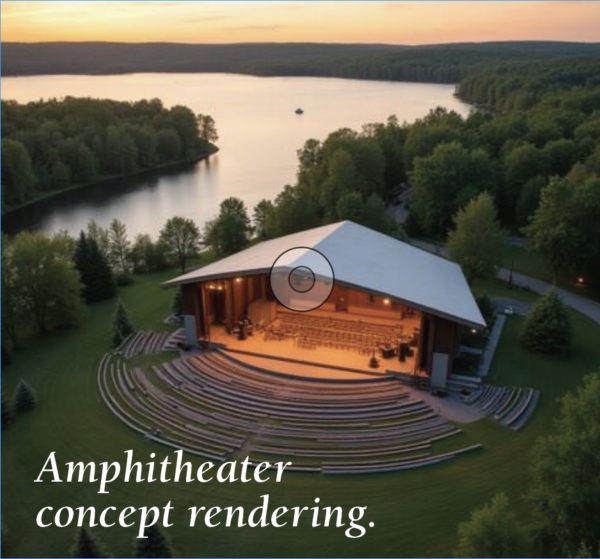 202509-Screen-Shot-2025-09-09-at-1.51.39-PM-600x559 Aerial concept rendering of an outdoor amphitheater beside a large lake at sunset, featuring a covered stage, curved terraced seating built into a grassy hillside, surrounding forest, and warm stage lighting. Text at the bottom reads: ‘Amphitheater concept rendering.