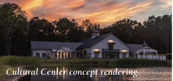 202509-Screen-Shot-2025-09-09-at-1.52.01-PM-600x281 Concept rendering of a lakeside cultural center at sunset, featuring a large lodge-style building with warm exterior lighting, a gazebo, surrounding trees, and reflections on the water. Text along the bottom reads: ‘Cultural Center concept rendering.