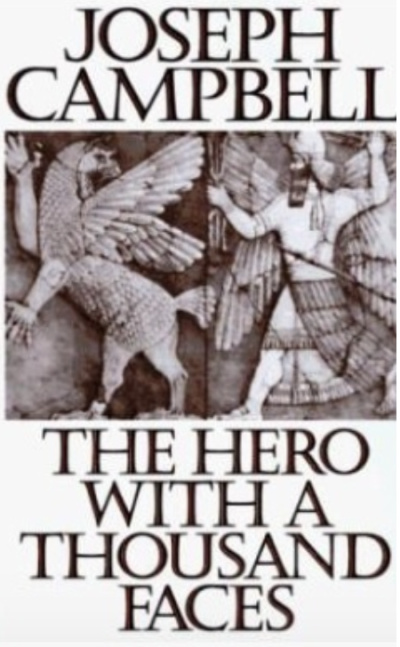 202511-book-cover Book cover for The Hero With a Thousand Faces by Joseph Campbell, featuring large serif text above and below a sepia-toned ancient mythological illustration with winged figures and classical imagery.