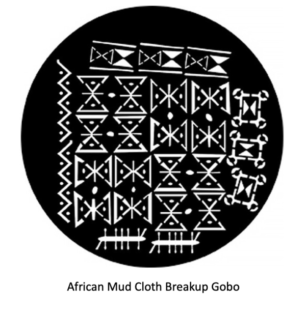 S202511-Screen-Shot-2025-11-07-at-3.43.23-PM-600x615 Circular black-and-white lighting gobo design inspired by African mud cloth patterns, featuring rows of geometric symbols, zigzags, dots, and abstract tribal motifs. Caption below reads: ‘African Mud Cloth Breakup Gobo.