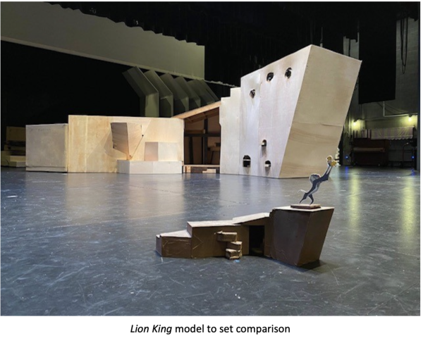 S202511-Screen-Shot-2025-11-07-at-3.43.31-PM-600x487 Scale comparison photograph for a Lion King stage set design showing large angular scenic structures and platforms on a theater stage, with a small miniature human figure model in the foreground for size reference. Caption at the bottom reads: ‘Lion King model to set comparison.