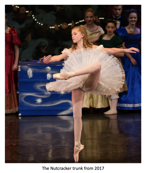 Young ballerina performing en pointe in a white tutu during a production of The Nutcracker, posed gracefully center stage while other performers in colorful costumes watch in the background beside a large blue trunk prop. Caption at the bottom reads: ‘The Nutcracker trunk from 2017.