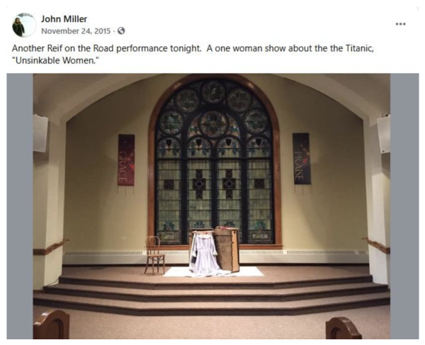 Screenshot of a Facebook post from 2015 promoting a Reif on the Road performance of ‘Unsinkable Women,’ showing a simple stage setup with a chair, podium, and stained-glass window inside a church sanctuary.