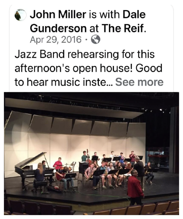 Screenshot of a Facebook post from 2016 showing a jazz band rehearsing on stage at The Reif for an open house event, with student musicians performing alongside a piano and conductor in the theater auditorium.