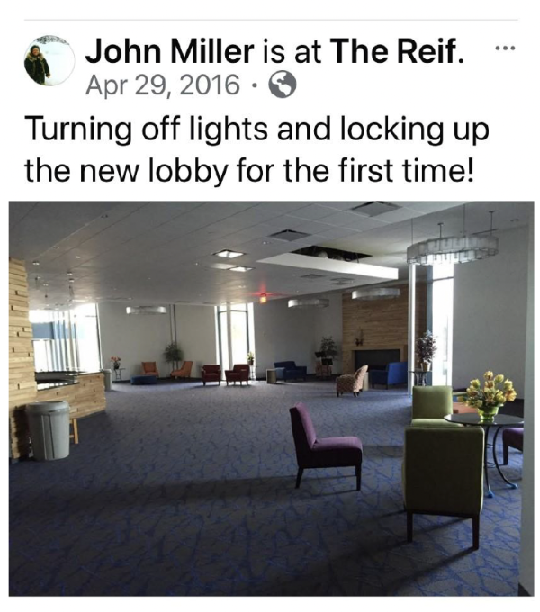 “Screenshot of a Facebook post from 2016 showing the newly completed lobby at The Reif, featuring an open seating area with modern chairs, soft lighting, and large windows. The post reads, ‘Turning off lights and locking up the new lobby for the first time!’