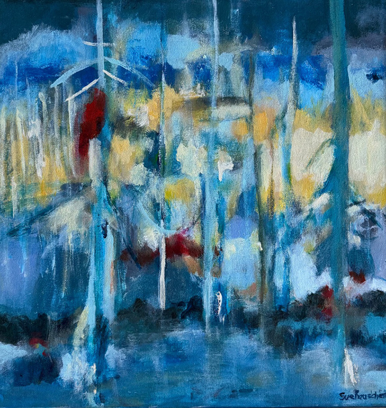 An abstract painting in cool blue and white tones depicts a watery landscape with vertical tree-like forms and layered brushstrokes. Hints of red and gold accents appear throughout the composition, creating depth and movement in the dreamy, impressionistic scene.