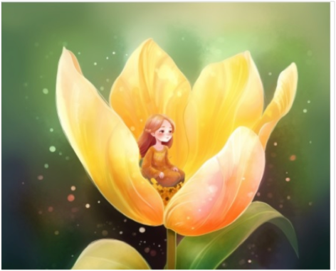 202405-research Whimsical digital illustration of a small girl sitting inside the glowing petals of a large yellow flower, surrounded by soft green light and sparkling magical details.