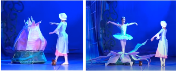 202405-sample-600x243 Side-by-side photos of a ballet performance at The Reif under blue stage lighting, showing dancers interacting with a large flower prop as one ballerina emerges from the petals in a bright green tutu.